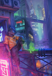  5_fingers anthro barefoot blowing_smoke bottomwear building canid canine canis cigarette city city_background city_lights city_skyline cityscape clothed clothing detailed_background digital_media_(artwork) feet fingers fur hair hi_res holding_cigarette holding_object hybrid lion21 looking_away male mammal night outside pants shirt sitting skyscraper smoke smoking solo toes topwear urban wolfdog 