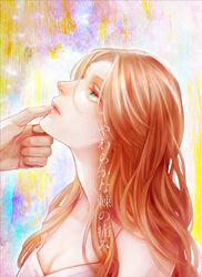  aerith_gainsborough bare_shoulders breasts brown_hair cleavage dress female final_fantasy final_fantasy_vii green_eyes hair_down hand_on_another&#039;s_chin lips long_hair looking_at_another medium_breasts multicolored_background out_of_frame parted_bangs parted_lips pink_dress sidelocks sleeveless sleeveless_dress solo_focus tetra_takamine upper_body 