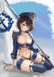  absurdres arm_support azur_lane baltimore_(azur_lane) baltimore_(finish_line_flagbearer)_(azur_lane) bandeau bikini black_bikini black_choker blue_bandeau blue_footwear blue_hat blue_jacket bob_cut boots braid breasts brown_hair choker cleavage collarbone commentary_request cropped_jacket female flag french_braid full_body grin groin hair_between_eyes hat highres jacket large_breasts legwear_garter looking_at_viewer mippei navel official_alternate_costume open_clothes open_jacket partial_commentary peaked_cap race_queen shadow short_hair sidelocks sitting skindentation smile solo stomach swimsuit teeth thigh_boots thighhighs underbust yellow_eyes yokozuwari 