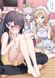  1boy 3girls akizuki_kei bare_arms bare_legs bare_shoulders barefoot black_hair black_pants black_shirt blonde_hair blue_dress blue_eyes breasts broken_heart brother_and_sister cellphone collarbone commentary controller double_bun dress feet flat_screen_tv hair_bun hair_ornament hat heart heart_hair_ornament holding holding_phone indoors itou_chieri king_game knees_up large_breasts legs long_hair mob_cap multiple_girls munakata_hinano munakata_isaomi off-shoulder_dress off_shoulder original pants phone puffy_short_sleeves puffy_sleeves purple_eyes purple_shorts red_eyes remote_control shirt short_sleeves shorts siblings sleeveless sleeveless_dress sound_effects taking_picture television toenails toes tokuno_yuika translated v-shaped_eyebrows very_long_hair white_hair white_headwear white_shirt wooden_floor yellow_dress 