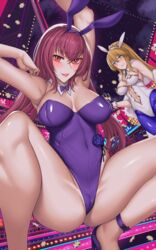  2girls animal_ears armpits artoria_pendragon_(fate) artoria_pendragon_(swimsuit_ruler)_(fate) bare_legs bare_shoulders blonde_hair blush breasts casino cleavage commentary_request cup detached_collar drinking_glass fate/grand_order fate_(series) fishnet_pantyhose fishnets food green_eyes hair_ornament hanada_yanochi high_heels highleg highleg_leotard large_breasts leotard long_hair looking_at_viewer multiple_girls navel necktie neon_lights neon_trim official_alternate_costume open_mouth pantyhose partial_commentary plate playboy_bunny poker_chip pole pole_dancing ponytail purple_hair rabbit_ears red_eyes scathach_(fate) scathach_(piercing_bunny)_(fate) smile spread_legs stripper stripper_pole thigh_gap wine_glass wristband 