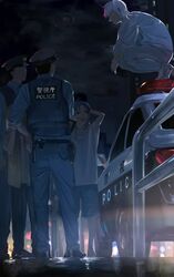  5boys :d absurdres arm_behind_head blue_hair brown_hair car cloud cloudy_sky contemporary hat hataya highres looking_at_another maeda_toushirou male_focus motor_vehicle multiple_boys night open_mouth outdoors pants police police_car police_hat police_uniform policeman shirt shorts sky smile squatting t-shirt taikogane_sadamune touken_ranbu tsurumaru_kuninaga uniform white_hair yellow_eyes 