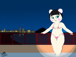  2021 4:3 animal_crossing anthro bear bikini bikini_bottom bikini_top black_hair blue_eyes blush breasts building city cityscape clothed clothing female fur hair light looking_at_viewer mammal medium_breasts navel night nintendo nonyammychoko outside pekoe_(animal_crossing) shaded signature sky smile solo standing star swimwear white_body white_fur wide_hipped_female wide_hips 