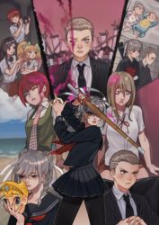  1boy 5girls baby bangs black_hair black_jacket black_legwear black_neckwear black_shirt black_skirt blood blood_on_face bow braid brown_skirt camera collared_shirt corpse crossed_arms danganronpa_(series) danganronpa_2:_goodbye_despair glasses grey_hair hairbow highres holding holding_camera holding_sword holding_weapon jacket japanese_clothes kimono koizumi_mahiru kuzuryuu_fuyuhiko kuzuryuu_natsumi lolicon looking_at_viewer mask multiple_girls neck_ribbon necktie one_eye_closed pantyhose pekoyama_peko pink_blood plaid_neckwear pleated_skirt red_hair red_ribbon rei_(tdn_ng) ribbon saionji_hiyoko scar shirt shirt_tucked_in short_hair skirt smile spoilers sword tsumiki_mikan twin_braids twintails upper_body weapon white_shirt 