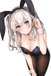  absurdres alternate_costume animal_ears bare_shoulders black_pantyhose blue_eyes blush breasts fake_animal_ears female grey_hair hair_between_eyes hair_ornament highres kantai_collection kashima_(kancolle) large_breasts long_hair looking_at_viewer pantyhose playboy_bunny rabbit_ears shiina_aoi smile solo twintails wavy_hair 