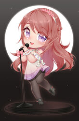  beescuit black_footwear blush bow brown_hair chibi commission english_commentary female head_tilt high_heels holding holding_microphone_stand indie_virtual_youtuber long_hair microphone microphone_stand nina_saotome nina_saotome_(2nd_costume) open_mouth pantyhose pink_bow smile solo virtual_youtuber 