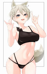  \n/ absurdres animal_ears bikini black_bikini blush braid breasts collarbone crop_top double_\n/ extra_ears female fox_ears fox_tail framed grey_hair hair_between_eyes highres idolmaster idolmaster_cinderella_girls looking_at_viewer medium_breasts multi-strapped_bikini navel o_aries346 oerba_yun_fang outside_border shiomi_syuko simple_background skin_fang smile solo swimsuit tail white_background 