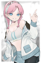  arknights black_pants blue_eyes blue_poison_(arknights) blue_poison_(shoal_beat)_(arknights) blue_shorts blurry blurry_background braid breasts bright_pupils choker cleavage commentary cowboy_shot e_draw_paint female grin hairband hand_up highres index_finger_raised jacket leaning_forward long_sleeves looking_at_viewer medium_hair off_shoulder official_alternate_costume open_clothes open_jacket pants pants_under_shorts pink_choker pink_hair scales shorts small_breasts smile solo sports_bra twin_braids white_hairband white_jacket white_pupils white_sports_bra 