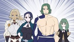  1boy 3girls armor bare_pectorals beard black_eyes black_hair blonde_hair breastplate cape catherine_(fire_emblem) choker circlet commentary cropped_jacket dark_skin drill_hair emphasis_lines facial_hair fire_emblem fire_emblem:_three_houses fire_emblem_heroes flayn_(fire_emblem) garreg_mach_monastery_uniform green_eyes green_hair grey_eyes hand_on_own_hip highres multiple_girls nipples pectorals ponytail seteth_(fire_emblem) shamir_nevrand short_hair symbol-only_commentary toned toned_male torn_clothes twin_drills upper_body 