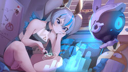  2girls absurdres animal_ears bad_id bad_pixiv_id bare_arms bare_legs bare_shoulders barefoot black_shirt black_shorts blue_hair bronya_zaychik bronya_zaychik_(haxxor_bunny) candy chinese_commentary commentary_request crop_top drill_hair drone fake_animal_ears feet food gradient_hair grey_hair hand_on_own_cheek hand_on_own_face head_rest highres hologram holographic_interface homu_(honkai_impact) honkai_(series) honkai_impact_3rd indian_style indoors jliaan liliya_olenyeva lollipop long_hair midriff mouth_hold multicolored_hair multiple_girls partial_commentary peeping rabbit_ears shirt shorts sitting sleeveless sleeveless_shirt streaked_hair twin_drills twintails whiteboard window window_blinds 