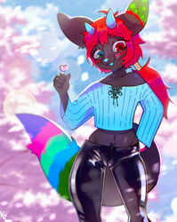  anthro bandage belly black_body black_fur blue_horn blue_nose blue_tongue canid canine cherry_blossom cherry_blossom_tree cherry_tree clothed clothing crop_top damian_(candy_foxy) demon fennec_fox flower fox freakster fruit_tree fur green_eyes hair heart_symbol heterochromia hi_res horn hybrid male mammal markings multicolored_tail navel off_shoulder petals plant ponytail prunus_(flower) red_eyes red_hair scenery shirt slim small_waist smile solo spots spotted_markings stitch_(sewing) string_bow tail thick_thighs tight_clothing tongue topwear tree true_fox wide_hips 