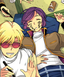  2boys aged_down bare_shoulders blonde_hair can char_aznable closed_eyes drink_can garma_zabi grin gundam itsmefool marker military military_uniform mobile_suit_gundam mobile_suit_gundam_the_origin multiple_boys prank purple_hair short_hair sleeping smile soda_can sunglasses sweater trolling turtleneck turtleneck_sweater uniform 