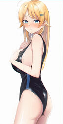  ahoge aqua_eyes ashulunlun ass blonde_hair blush breasts competition_swimsuit embarrassed female furrowed_brow hachimiya_meguru hair_ornament hairpin hand_on_own_chest highres idolmaster idolmaster_shiny_colors large_breasts long_hair looking_at_viewer one-piece_swimsuit sideboob simple_background solo straight_hair sweatdrop swimsuit white_background 