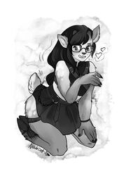  2023 5_fingers belt black_nose bottomwear clenched_teeth clothing cloven_hooves dated deer eyewear female fingers glasses hair heart_symbol hi_res hooves horn human kneeling mammal mid_transformation monochrome nakitacat signature skirt solo species_transformation teeth transformation 