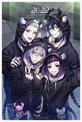  4boys animal_hood animal_print black_hair blue_hair choker collar deretta diagonal_bangs fangs green_eyes green_hair grey_eyes grim_(twisted_wonderland) highres hood horns lilia_vanrouge long_sleeves looking_up male_focus malleus_draconia multicolored_hair multiple_boys pale_skin pink_hair pointy_ears protected_link sebek_zigvolt selfie silver_(twisted_wonderland) spiked_collar spikes tiger_print twisted_wonderland v white_hair 