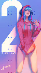  ;p against_wall blue_eyes blue_hair bottomless breasts cable commentary_request drawstring female hand_in_pocket hatsune_miku headphones highres hood hoodie hoodie_tug lips looking_at_viewer medium_breasts naked_hoodie naughty_face no_panties nose one_eye_closed photoshop_(medium) solo squidsmith standing tongue tongue_out vocaloid 