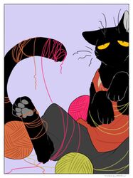  2021 ambiguous_gender ball_of_yarn black_body clothed clothing domestic_cat entangled entangled_in_yarn felid feline felis hi_res mammal pawpads paws solo tail urushi_(yorozumaru) whiskers yarn yellow_eyes yorozumaru 