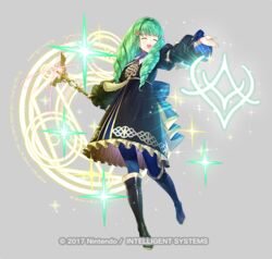  :d ^_^ black_dress black_footwear blue_pantyhose boots caduceus_staff_(fire_emblem) closed_eyes commentary_request company_name copyright_notice dress eyebrows_hidden_by_hair facing_viewer female fire_emblem fire_emblem:_three_houses flayn_(fire_emblem) frilled_dress frills full_body green_hair grey_background hair_ornament holding holding_staff knee_boots kousei_horiguchi long_hair long_sleeves magic_circle official_art open_mouth outstretched_arm pantyhose puffy_long_sleeves puffy_sleeves simple_background sleeves_past_wrists smile solo staff standing standing_on_one_leg teeth upper_teeth_only watermark 