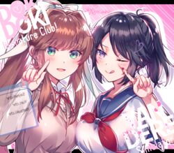  2girls :d ;q ayano_aishi bad_id bad_pixiv_id black_hair blood blood_on_hands blue_eyes blush brown_hair commentary copyright_name crossover doki_doki_literature_club green_eyes hair_ribbon index_finger_raised long_hair long_sleeves looking_at_viewer medium_hair monika_(doki_doki_literature_club) multiple_girls one_eye_closed open_mouth pointing pointing_at_self ponytail ribbon school_uniform serafuku short_sleeves smile tongue tongue_out trait_connection twitter_username upper_body white_ribbon yandere_simulator yuiki_yuu 