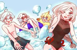  2boys 2girls adjusting_eyewear artist_request aunt_and_nephew bad_id bad_twitter_id blonde_hair blue_eyes blue_hair braid chongyun_(genshin_impact) cocotsuko1204 eula_(genshin_impact) genshin_impact highres inactive_account innertube male_swimwear mika_(genshin_impact) multiple_boys multiple_girls one_eye_closed open_mouth shenhe_(genshin_impact) short_hair source_request sunglasses swim_ring swim_trunks swimsuit white_hair 