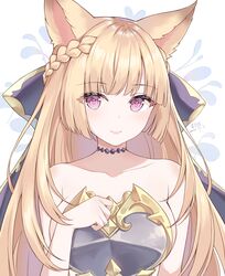  animal_ears armor artist_name bare_shoulders blonde_hair blunt_bangs blush braid breastplate breasts choker closed_mouth collarbone commentary dated erune eyes_visible_through_hair female fox_ears french_braid gold_trim granblue_fantasy hand_on_own_chest heart heart-shaped_pupils highres kagami_(kgmgts) large_breasts long_hair looking_at_viewer pink_eyes simple_background smile solo symbol-shaped_pupils tied_hair upper_body white_background yuisis_(granblue_fantasy) 