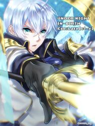  1boy aqua_eyes asagi_nanase bad_id bad_twitter_id black_gloves blue_background blue_neckwear cane cape collar commentary_request copyright_name gloves hair_between_eyes ice jacket londrekia_light male_focus pointing_weapon shoulder_pads solo under_night_in-birth uniform white_hair 