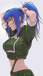  adjusting_hair arms_up blue_eyes blue_hair breasts crop_top cropped_jacket earrings female hair_tie hair_tie_in_mouth highres jewelry large_breasts leona_heidern lips long_hair midriff mouth_hold nigou ponytail solo suspenders the_king_of_fighters tying_hair 