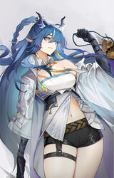  absurdres arknights belt black_gloves black_shorts blue_eyes blue_hair braid breasts cleavage closed_mouth coat cowboy_shot detached_collar dragon_horns earrings elbow_gloves eyes_visible_through_hair female genera-x gloves gourd grey_background hair_over_one_eye highres holding horns jewelry large_breasts ling_(arknights) long_hair long_sleeves looking_away looking_to_the_side multicolored_hair navel neckerchief off_shoulder open_clothes open_coat pointy_ears revealing_clothes short_shorts shorts simple_background single_bare_shoulder smile solo streaked_hair thigh_strap thighs two-tone_hair very_long_hair white_coat white_hair wide_sleeves yellow_neckerchief 