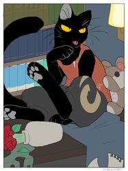  2021 ambiguous_gender black_body clothed clothing domestic_cat felid feline felis flower flower_vase hi_res mammal pawpads paws plant plushie solo tongue tongue_out urushi_(yorozumaru) whiskers yellow_eyes yorozumaru 