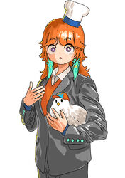  absurdres animal bird chef_hat chicken collared_shirt cosplay earrings english_commentary feather_earrings feathers female grey_jacket grey_pants gurumie hat highres holding holding_animal holding_bird hololive hololive_english i&#039;m_stuff_(meme) jacket jewelry kfp_employee_(takanashi_kiara) looking_at_viewer medium_hair meme open_mouth orange_vest pants purple_eyes robert_downey_jr. robert_downey_jr._(cosplay) shirt solo takanashi_kiara vest virtual_youtuber white_background white_shirt 