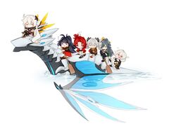  6+girls bare_shoulders benares_(honkai_impact) bird_hair_ornament black_footwear blue_eyes blue_hair boots bronya_zaychik bronya_zaychik_(wolf&#039;s_dawn) china_dress chinese_clothes cleavage_cutout clothing_cutout cloud_ya dragon dragon_wings dress drill_hair drunk fu_hua fu_hua_(azure_empyrea) grey_hair hair_between_eyes hair_ornament hair_over_one_eye hairpin hanfu high_ponytail highres honkai_(series) honkai_impact_3rd jewelry kiana_kaslana kiana_kaslana_(herrscher_of_the_void) long_hair multiple_girls murata_himeko murata_himeko_(battle_storm) nintendo_switch paintbrush paintbrush_hair_ornament pleated_sleeves ponytail purple_eyes purple_hair raiden_mei raiden_mei_(valkyrie_bladestrike) red_hair riding rowing shoulder_cutout side_ponytail simple_background sweat theresa_apocalypse theresa_apocalypse_(valkyrie_pledge) too_literal twin_drills water white_background white_dress white_hair wide_sleeves wings yin_yang 