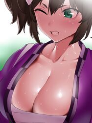  absurdres blurry blurry_background blush breasts brown_hair chest_sarashi cleavage close-up collarbone commentary female green_eyes grimace highres inari_one_(umamusume) large_breasts one_eye_closed sarashi shiny_skin short_eyebrows short_hair solo sweat umamusume yesman_(cvbnyesman) 