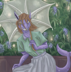  anthro blouse bottomwear breasts clothing digital_media_(artwork) digital_painting_(artwork) dress drop dusanka female fish flower food fruit furgonomics gout hair hi_res lavanda leaf long_skirt marine nervous non-mammal_breasts parasol plant shark shirt short_hair skirt smile smirk solo tail tail_through_skirt teeth topwear umbrella vandclash yellow_eyes 