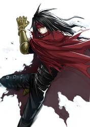  1boy black_hair buckle cloak final_fantasy final_fantasy_vii gauntlets glaring gloves headband highres igusaharu long_hair male_focus pointed_footwear red_eyes vincent_valentine white_background 