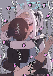  1boy anger_vein animal_ears black_bow black_footwear black_gloves blue_archive blush boots bow chair cicada_hug commentary earosoligt fake_animal_ears female forced_kiss french_kiss gloves grey_background grey_hair hairbow halo head_hug heart highres kissing knee_pads leg_lock long_hair long_sleeves miyako_(blue_archive) office_chair one_side_up purple_eyes pushing_away pushing_face rabbit_ears sensei_(blue_archive) simple_background sitting sitting_on_lap sitting_on_person small_sweatdrop straight struggling sweatdrop swivel_chair translated twitter_username very_long_hair 