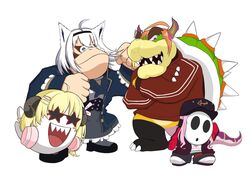  2boys ahoge animal_ears baseball_cap black_corset black_headwear blonde_hair blue_eyes blue_jacket boo_(mario) bowser corset cosplay crossed_arms donkey_kong dragon_horns fong_(fongthe0125) fox_ears ghost gorilla grey_skirt hair_ornament hairclip hat head_tilt headphones highres hololive hololive_english horns jacket kiryu_coco kiryu_coco_(cosplay) kiryu_coco_(loungewear) long_hair male_focus mario_(series) mario_party mask mori_calliope mori_calliope_(cosplay) multiple_boys orange_hair pink_hair red_jacket sharp_teeth sheep_horns shell shirakami_fubuki shirakami_fubuki_(aristocrat_kei) shirakami_fubuki_(cosplay) shy_guy skirt spikes sunglasses teeth tsunomaki_watame tsunomaki_watame_(cosplay) tsunomaki_watame_(street_casual) virtual_youtuber 