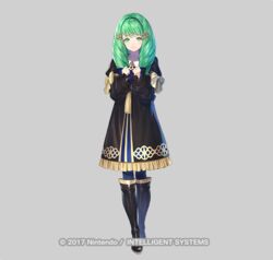  black_dress black_footwear blue_pantyhose boots clenched_hands closed_mouth commentary_request company_name copyright_notice dress eyebrows_hidden_by_hair female fire_emblem fire_emblem:_three_houses flayn_(fire_emblem) frilled_dress frills full_body green_eyes green_hair grey_background hair_ornament knee_boots kousei_horiguchi long_hair long_sleeves looking_at_viewer official_art pantyhose puffy_long_sleeves puffy_sleeves simple_background sleeves_past_wrists smile solo standing watermark 