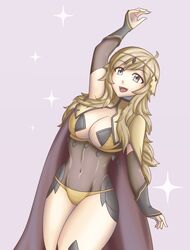  1girls aged_up blonde_hair breasts cape cleavage cleavage_cutout covered_nipples covering female_focus female_only fire_emblem fire_emblem_fates grey_eyes hayato_stuff large_breasts long_hair open_mouth ophelia_(fire_emblem) smile sparkle thick_thighs thighs waving 