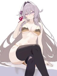  aquamarine725 breasts female golden_week_bikini grey_hair hair_intakes hair_ornament highres honkai_(series) honkai_impact_3rd long_hair looking_at_viewer medium_breasts navel purple_eyes skindentation smile thelema_nutriscu thighhighs white_background 
