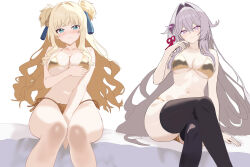  2girls aquamarine725 blonde_hair blue_eyes blush breasts covering_crotch covering_privates grey_hair hair_intakes hair_ornament hand_on_own_chest highres honkai_(series) honkai_impact_3rd large_breasts long_hair looking_at_viewer multiple_girls navel purple_eyes songque swimsuit thelema_nutriscu thighhighs 