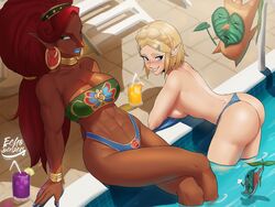  2girls ass big_ass bikini bikini_bottom blonde_hair blue_eyes bracelet breasts breath_of_the_wild bubble_butt chocolate_and_vanilla cleavage dark-skinned_female dark_skin duo earrings echosaber female female_only gerudo green_eyes huge_breasts hylian in_water jewelry korok large_breasts light-skinned_female light_skin long_hair muscular_female necklace nintendo pointy_ears pool princess_zelda red_hair short_hair sitting swimsuit tears_of_the_kingdom the_legend_of_zelda thighs thong topless urbosa yuri zelda_(tears_of_the_kingdom) 