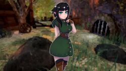  belt black_hair boots buckle buttons clickrisky elf elf_ears elgera female grass green_dress green_eyes pixel_art pointy_ears rocks terra thigh_boots thighhighs tree 