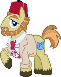  absurd_res alpha_channel beard blue_eyes brown_body brown_fur brown_hair button_(fastener) clothing cutie_mark facial_hair feral fez friendship_is_magic fur hair hasbro hat headgear headwear hi_res indiana_jones_(franchise) male my_little_pony necktie raiders_of_the_lost_ark sallah_mohammed_faisel_el-kahir smile solo tygerbug 