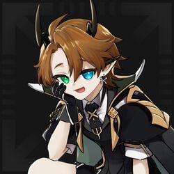  1boy blue_eyes brown_hair demon_boy demon_horns earrings gloves green_eyes head_rest heterochromia highres horns jewelry looking_at_viewer male_focus official_art pale_skin piercing pointy_ears polygon_project solo virtual_youtuber xpsi 