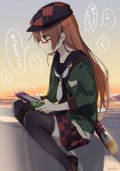  adapted_costume argyle_clothes argyle_hat argyle_skirt bag beret black_serafuku black_shirt black_thighhighs brown_hair commentary_request crescent crescent_pin female glasses handheld_game_console hat holding holding_handheld_game_console kantai_collection long_hair mochizuki_(kancolle) necktie nintendo_switch one-hour_drawing_challenge red-framed_eyewear sailor_collar sailor_shirt school_uniform serafuku shirt sitting solo sunset thighhighs translation_request white_necktie yamashichi_(mtseven) 