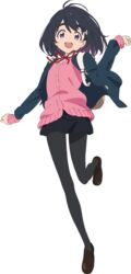  backpack bag black_legwear black_skirt cardigan female full_body hair_ornament hairclip highres lotte_(company) momo_(pink_valentine) official_art pantyhose pink_valentine red_ribbon ribbon school_uniform skirt smile solo teeth transparent_background upper_teeth_only 