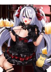  &gt;_&lt; absurdres alcohol azur_lane beer beer_mug black_dress black_hair breasts cleavage clothing_cutout cross cup dress elbe_(azur_lane) elbe_(time_to_show_off?)_(azur_lane) female highres holding holding_tray iron_cross large_breasts layered_dress looking_at_viewer manjuu_(azur_lane) mug multicolored_hair oerba_yun_fang official_alternate_costume open_mouth purple_eyes rei_tuki short_dress sitting skin_fang solo streaked_hair tray two-tone_hair underboob_cutout 