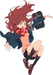  akane_(pink_valentine) arms_up bag black_footwear black_socks female floating_hair full_body long_hair looking_at_viewer lotte_(company) official_art pink_valentine scarf school_bag school_uniform shoes smile sneakers socks solo transparent_background 