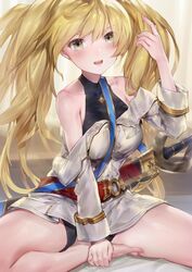  adjusting_hair aos bare_legs bare_shoulders barefoot between_breasts bike_shorts blonde_hair blush breasts cutlass female granblue_fantasy grey_eyes halterneck highres indian_style large_breasts long_hair looking_at_viewer monika_weisswind off_shoulder open_mouth sheath sitting smile solo strap strap_between_breasts twintails wavy_hair 