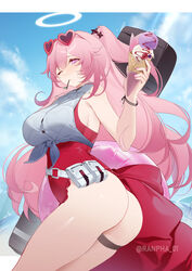  absurdres ambriel_(arknights) ambriel_(holiday)_(arknights) arknights ass bare_arms bare_shoulders belt belt_pouch breasts casual_one-piece_swimsuit cowboy_shot crepe crop_top eyewear_on_head female food front-tie_top halo hand_up heart heart-shaped_eyewear highleg highleg_swimsuit highres holding large_breasts mouth_hold official_alternate_costume one-piece_swimsuit one_eye_closed one_side_up pink-framed_eyewear pink_eyes pink_hair pouch red_one-piece_swimsuit shibuya_(kurokamishain) shirt sleeveless sleeveless_shirt solo sunglasses swimsuit thigh_strap thighs twisted_torso white_shirt 